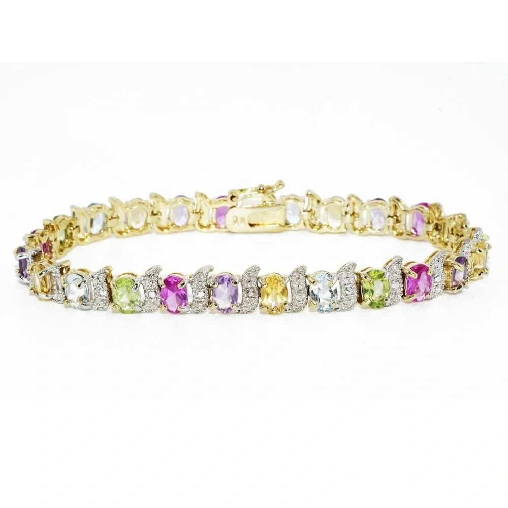 18K Yellow Gold over S/S, Gemstones 12.00CTW, Oval Bracelet w/Diamond Accent - Picture 7 of 13